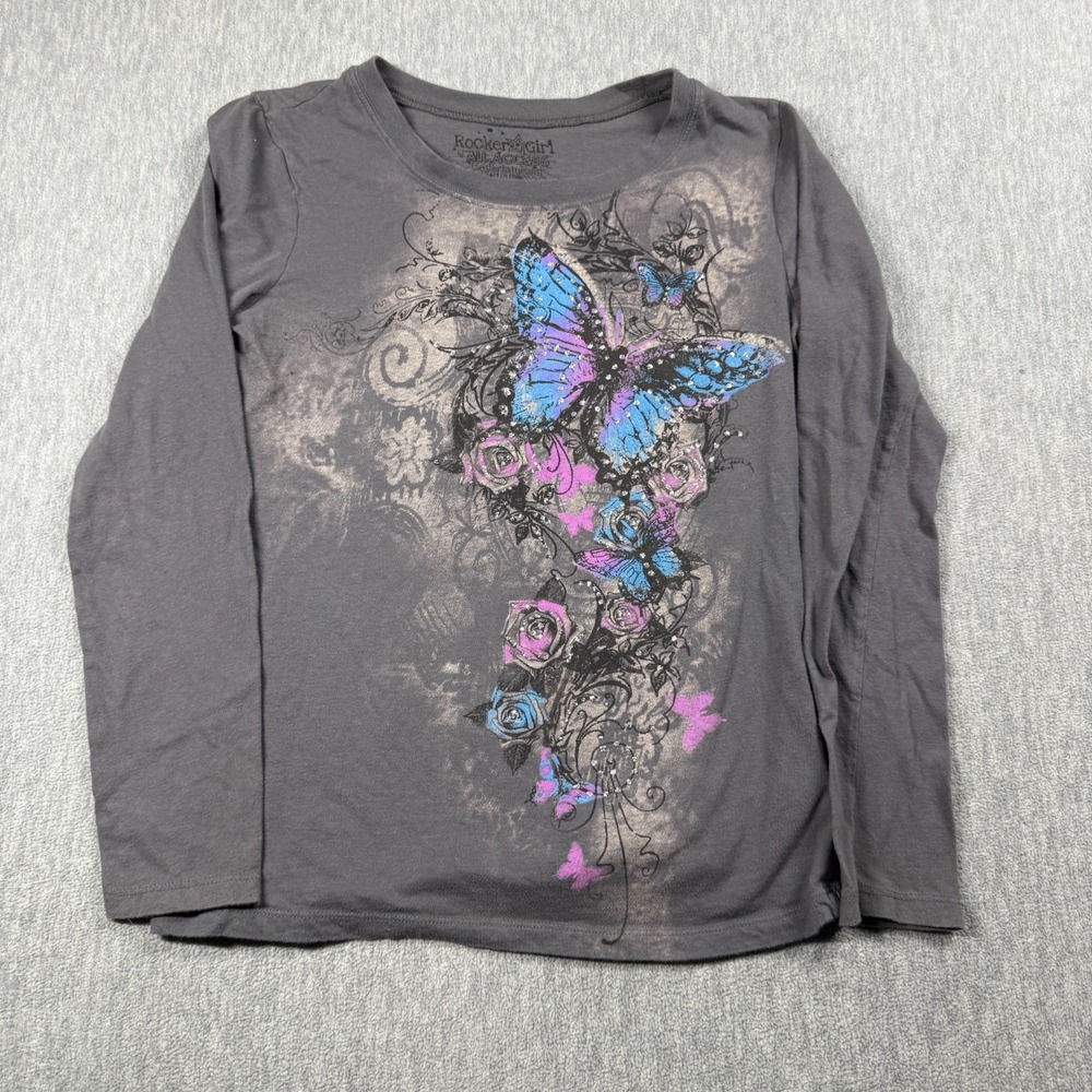 Rocker Girl Shirt Girls XL Gray Butterfly Floral Graphic Long Sleeve Y2K Grunge